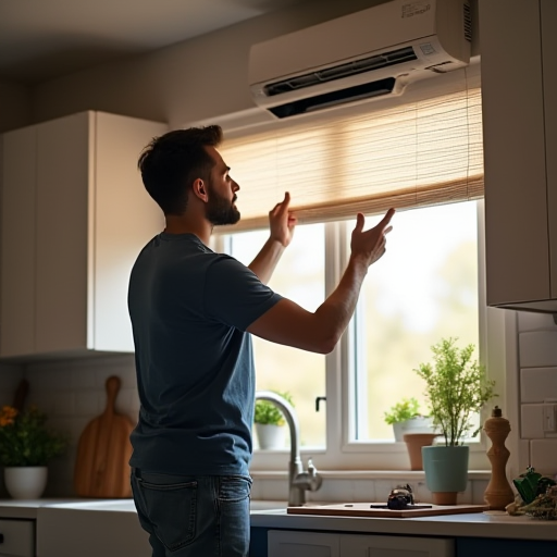 Işığa sahip, aydınlık bir mutfakta, bir kişinin klima hava filtresini değiştirdiği bir görüntü.
