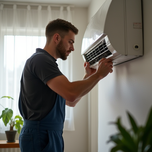 Teknisyen, klima cihazının soğutucu akışkan borularını temizliyor.
