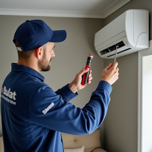 Bulat İklimlendirme'den profesyonel bir HVAC teknisyeni, bir klima cihazını kontrol ediyor.