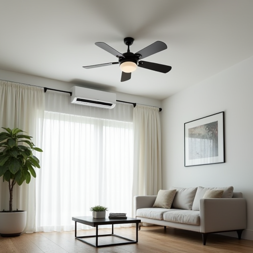 Oturma odasında tavan vantilatörü ve klima.