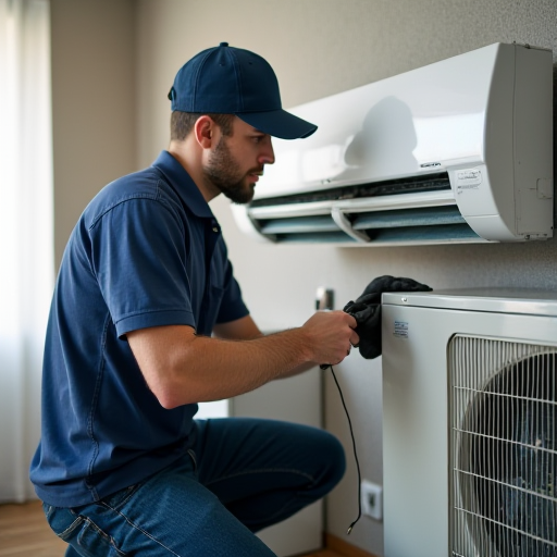 Bulat İklimlendirme'den bir teknisyen, bir klima ünitesinin bakımını yapıyor.