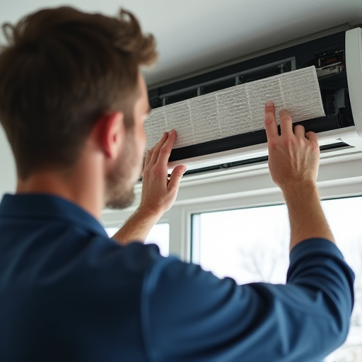 Bir teknisyen, temiz bir klima filtresini klima ünitesine geri takıyor.
