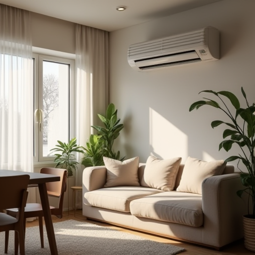 Evin oturma odası, içerisinde klima ünitesi bulunan bir örnek.