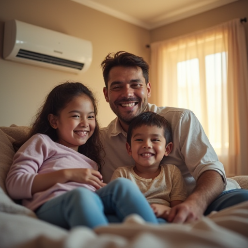 Aile, verimli bir klima sayesinde serin bir odanın tadını çıkarıyor.