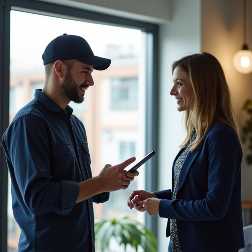 Bir teknisyenin, bir müşteriye klima servis ücretleri hakkında bilgi verdiği.