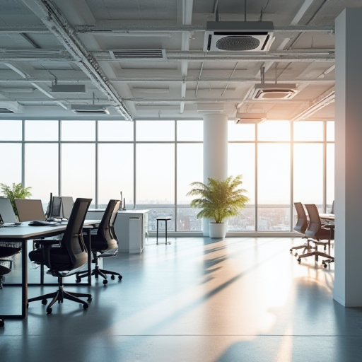 Modern office space with visible VRF indoor air handling units integrated into the ceiling design