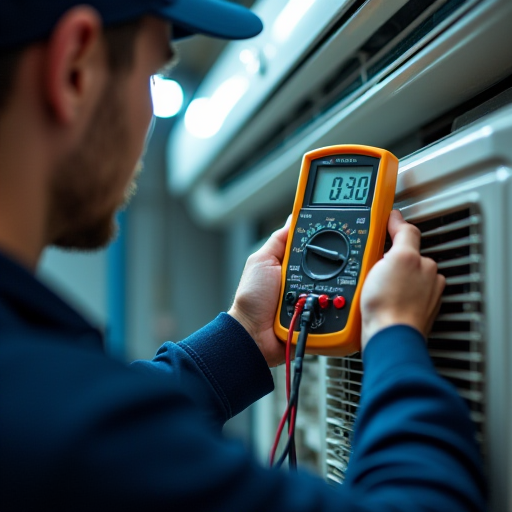 Bir HVAC teknisyeni, çokmetre kullanarak bir inverter klima ünitesini teşhis ediyor
